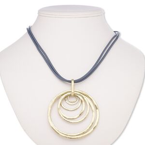 Necklace, 2-strand, leather (dyed) / gold-coated plastic / gold-finished brass / steel, grey, 3-inch wavy rings, 30 inches with 2-inch extender chain and lobster claw clasp. Sold individually.
