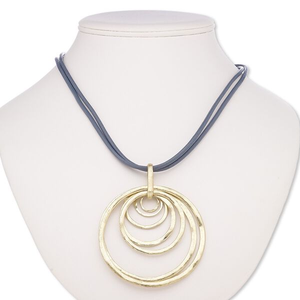 Necklace, 2-strand, leather (dyed) / gold-coated plastic / gold-finished brass / steel, grey, 3-inch wavy rings, 30 inches with 2-inch extender chain and lobster claw clasp. Sold individually. image number 0
