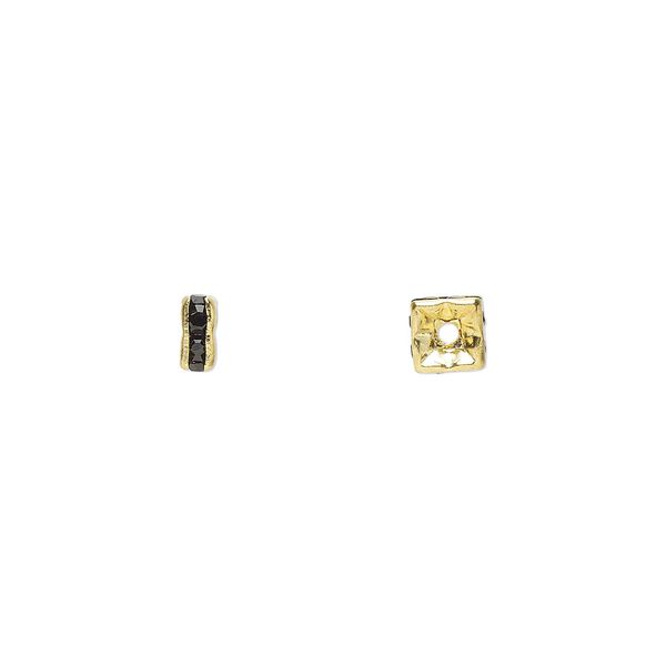 Bead, glass rhinestone and gold-finished brass, black, 4x2mm squaredelle. Sold per pkg of 10. image number 0