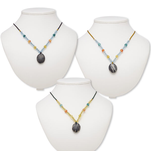Necklace mix, Picasso marble / multi-gemstone (natural / dyed) / nylon / acrylic / glass, multicolored, 29x23mm-30x24mm oval, 20- to 24-inch continuous loop. Sold per pkg of 3. image number 0