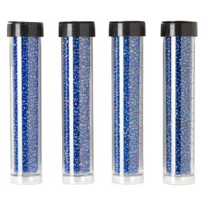 Seed bead assortment, Ming Tree™, glass, pkg/(4) 4 x 3/4 inch vials, #11 round, opaque and transparent silver-lined rainbow cobalt blue.