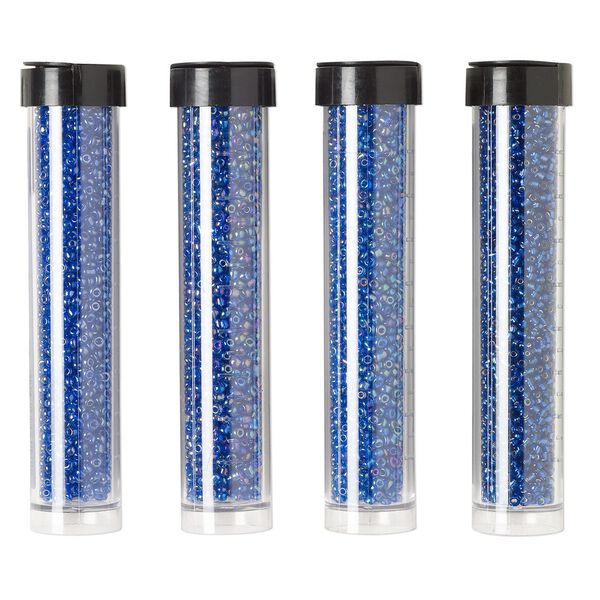 Seed bead assortment, Ming Tree™, glass, pkg/(4) 4 x 3/4 inch vials, #11 round, opaque and transparent silver-lined rainbow cobalt blue. image number 0