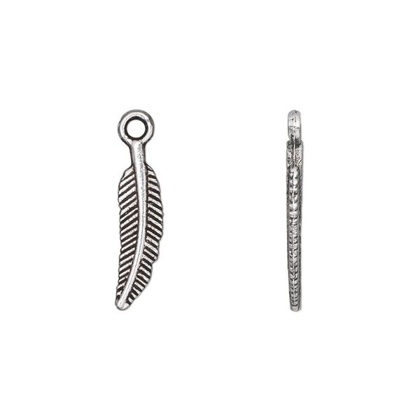 Charm, antique silver-plated "pewter" (zinc-based alloy), 18x5mm double-sided feather. Sold per pkg of 50. image number 0