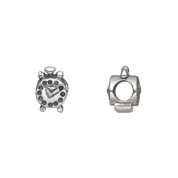 Bead, antiqued sterling silver, 11x7mm double-sided alarm clock with 4.5-5mm hole. Sold individually. image number 0