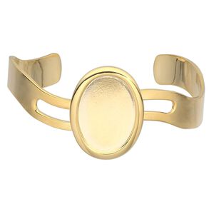 Bracelet, cuff, gold-plated brass and "pewter" (zinc-based alloy), 63x30mm with wave design and 25x18mm oval setting, adjustable. Sold individually.