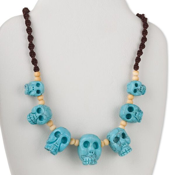 Necklace, Everyday Jewelry, "turquoise" (imitation) resin / nylon cord / littleleaf boxwood, 15x12mm-25x18mm graduated 3D skulls, 16 to 30 inches with macramé knot closure. Sold individually. image number 0