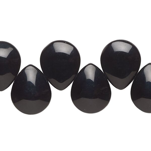 Bead, glass, opaque black, 15x12mm top-drilled puffed teardrop. Sold per 14-inch strand, approximately 40 beads. image number 0
