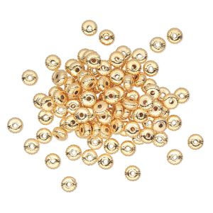 Bead, gold-plated brass, 4.5x2.5mm corrugated rondelle. Sold per pkg of 100.