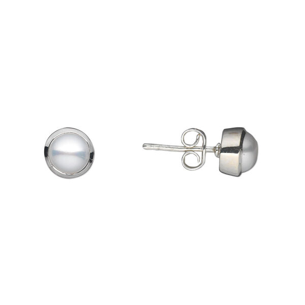 Earstud, cultured freshwater pearl (bleached) and sterling silver, white, 7mm with 6mm round and post. Sold per pair. image number 0