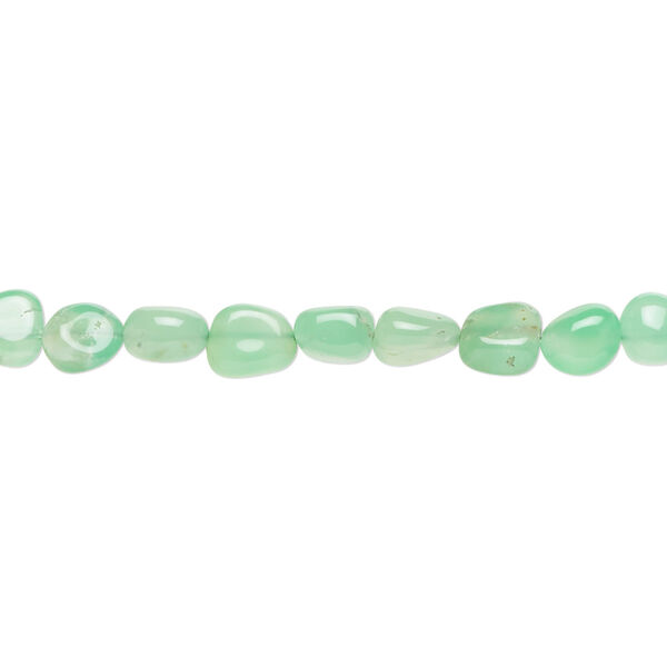 Bead, chrysoprase (natural), light, small to medium hand-cut pebble with 0.4-1.4mm hole, Mohs hardness 6-1/2 to 7. Sold per 8-inch strand, approximately 35 beads. image number 0