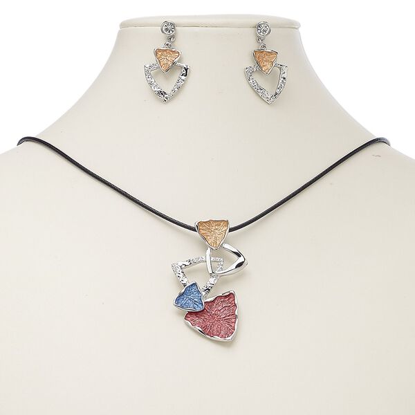 Necklace and earring set, enamel / waxed cotton cord / glass rhinestone / imitation rhodium-plated steel / "pewter" (zinc-based alloy), multicolored, 56x32mm triangles, 18-inch necklace with 2-inch extender chain and lobster claw clasp, 35mm earrings with post. Sold per set. image number 0