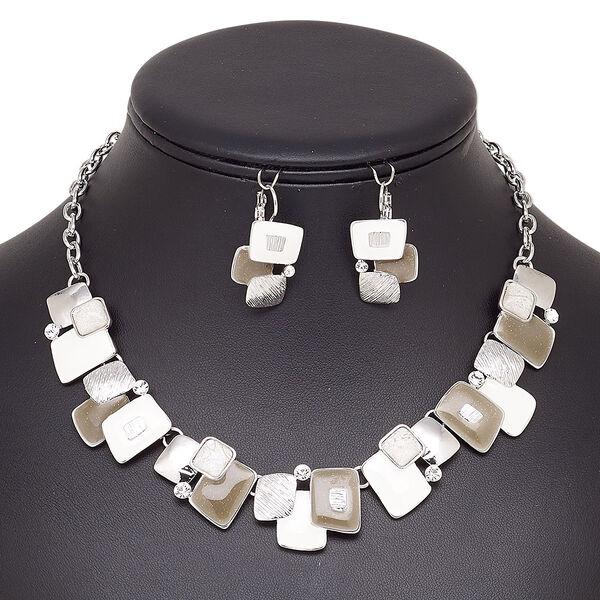 Necklace and earring set, Everyday Jewelry, enamel / glass rhinestone / imitation rhodium-plated brass / "pewter" (zinc-based alloy), multicolored, square, 16 inches with 2-inch extender chain and lobster claw clasp, 30mm earrings with leverback ear wire. Sold per set. image number 0