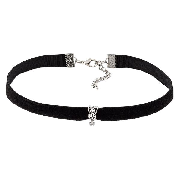 Necklace, choker, velvet and imitation rhodium-finished steel and "pewter" (zinc-based alloy), black, 9mm wide with fancy bail and loop, 12-1/2 inches with 2-inch extender chain and lobster claw clasp. Sold per pkg of 2. image number 0