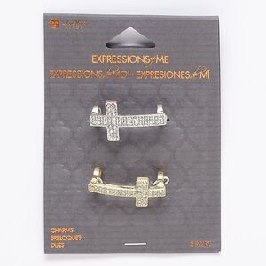 Slide, glass / gold- / silver-finished "pewter" (zinc-based alloy), clear, 30x17mm cross with 6.5mm hole. Sold per pkg of 2.