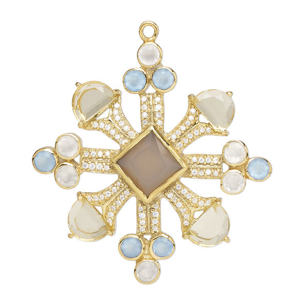 Focal, cubic zirconia / gold-finished sterling silver / lemon quartz and chalcedony (natural / dyed / heated), yellow / blue / clear, 35x34mm single-sided burst. Sold individually. image number 0