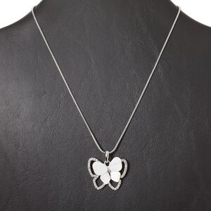 Necklace, rhodium-finished "pewter" (zinc-based alloy) and steel / glass rhinestone / freshwater pearl shell (bleached), clear and white, 32x26mm double butterfly, 15" to 16" necklace with lobster claw clasp and 3-inch extender chain. Sold individually.