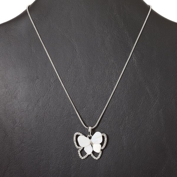 Necklace, rhodium-finished "pewter" (zinc-based alloy) and steel / glass rhinestone / freshwater pearl shell (bleached), clear and white, 32x26mm double butterfly, 15" to 16" necklace with lobster claw clasp and 3-inch extender chain. Sold individually. image number 0