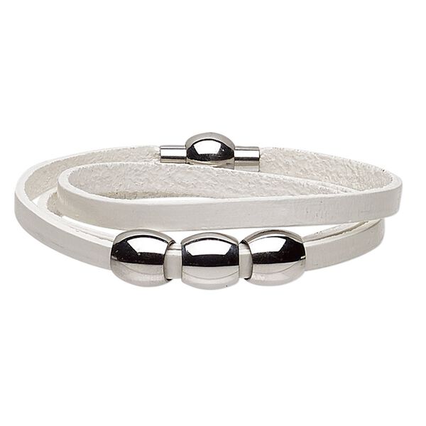 Bracelet, 3-strand, leather (dyed) and stainless steel, white, 10mm wide with 10x10mm barrel, adjustable at 6-1/2 and 9-1/2 inches with magnetic clasp. Sold individually. image number 0