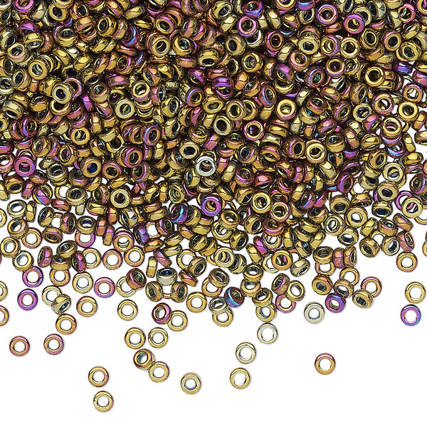 Seed bead, Miyuki, glass, pkg/10g, 2.2x1mm spacer rondelle, opaque iris purple and gold, (SPR2.2-188). image number 0