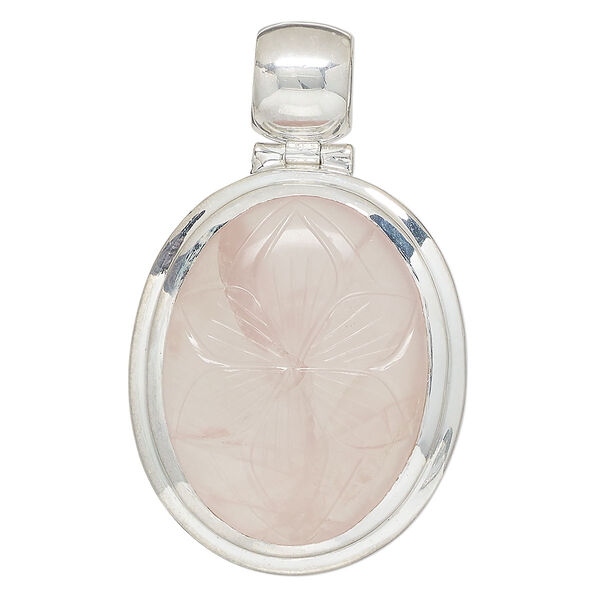 Pendant, rose quartz (natural) and sterling silver, 44x36mm oval. Sold individually. image number 0