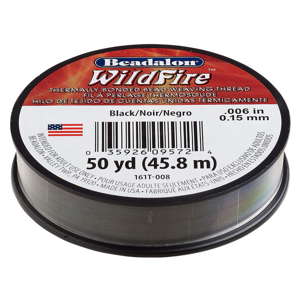 Thread, Beadalon® WildFire™, polyester and plastic, black, 0.15mm with bonded coating, 10-pound test. Sold per 50-yard spool. image number 0
