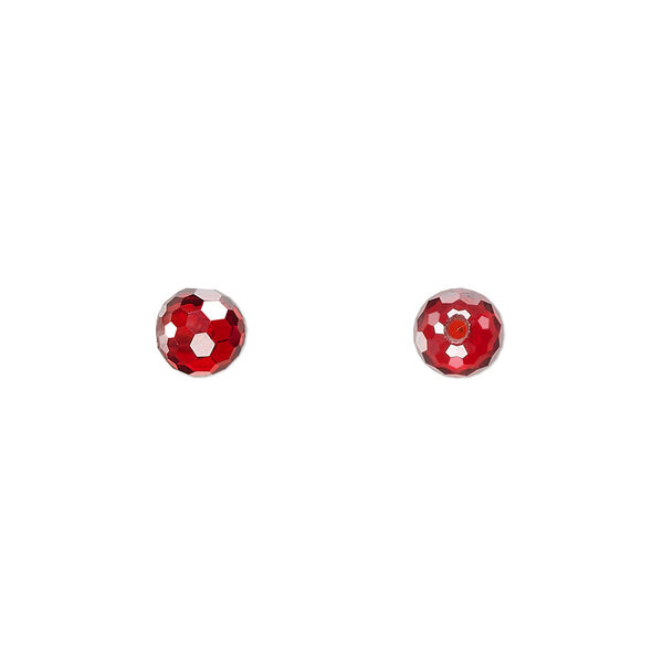 Bead, cubic zirconia, red, 6mm half-drilled faceted round. Sold per pkg of 2. image number 0