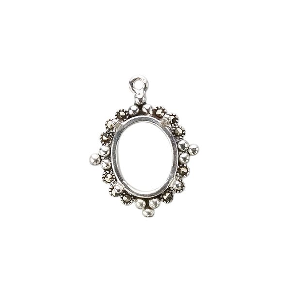 Drop, marcasite (natural) and sterling silver, 19x16mm oval with 12x10mm 4-prong oval setting. Sold individually. image number 0