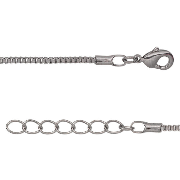Chain, gunmetal-plated brass, 1.5mm Venetian box, 7-1/2 inches with 1-1/4 inch extender chain and lobster claw clasp. Sold per pkg of 6. image number 0