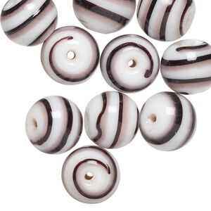 Bead, lampworked glass, opaque black / purple / white, 12mm round. Sold per pkg of 10.