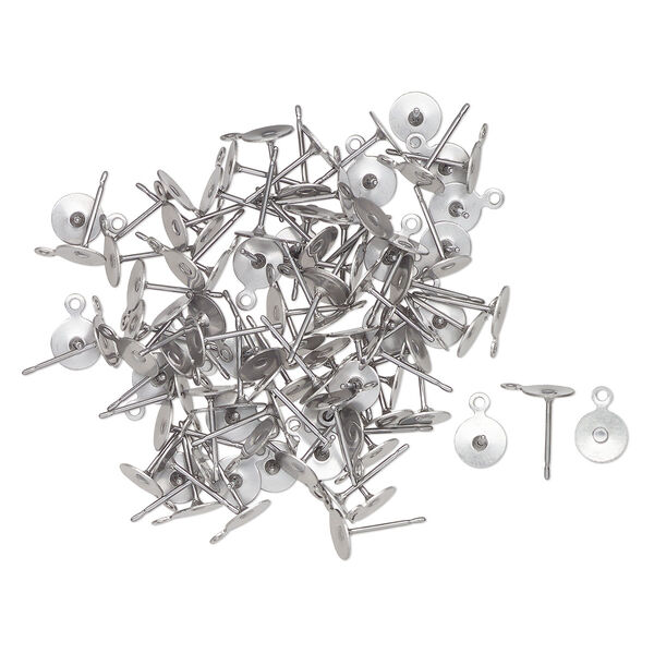 Earstud, matte steel, 6mm flat pad with closed loop. Sold per pkg of 50 pairs. image number 0