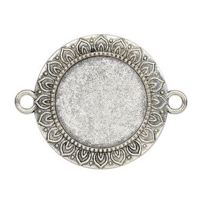 Link, glue-in, antique silver-finished "pewter" (zinc-based alloy), 29mm single-sided round with petal edge with 20mm round setting. Sold per pkg of 2.
