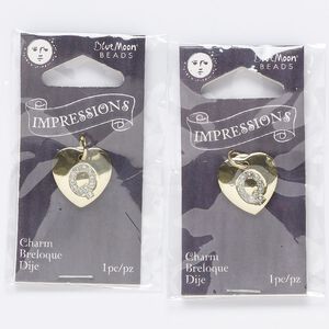 Charm, gold-finished "pewter" (zinc-based alloy) / steel / acrylic rhinestone, clear, 15.5x15mm single-sided puffed heart with letter "Q." Sold per pkg of 2.