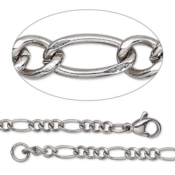 Chain, stainless steel, 3.5mm figaro, 20 inches with lobster claw clasp. Sold individually. image number 0