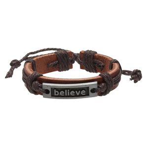 Bracelet, leather (dyed) / waxed cotton cord / antiqued "pewter" (zinc-based alloy),  brown, 12mm wide with 36x10mm rectangle with "believe," adjustable from 6 to 8-1/2 inches with knot closure. Sold per pkg of 2.