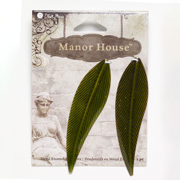 Focal, antique brass-finished steel, green, 3x3/4 inch leaf. Sold per pkg of 2 focals. image number 0