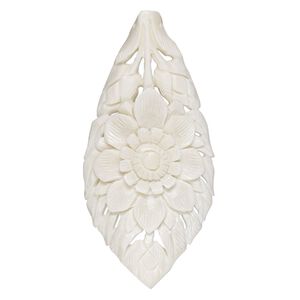 Focal, camel bone (bleached), white, 3-1/2 x 2-1/2-inch side-drilled curved leaf with flower and leaves, Mohs hardness 2-1/2. Sold individually.