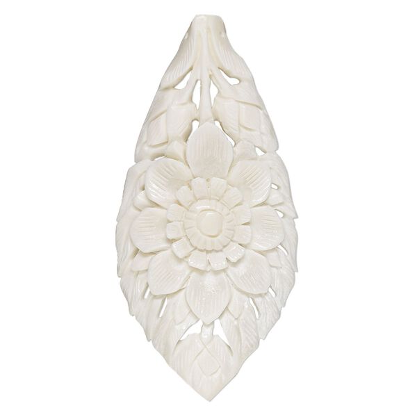 Focal, camel bone (bleached), white, 3-1/2 x 2-1/2-inch side-drilled curved leaf with flower and leaves, Mohs hardness 2-1/2. Sold individually. image number 0
