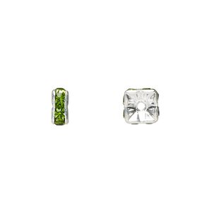 Bead, glass rhinestone and silver-plated brass, peridot green, 6x3mm squaredelle. Sold per pkg of 10.