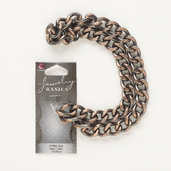 Chain, antique copper-finished steel, 10mm two-tone flat curb. Sold per pkg of 15 inches. image number 0
