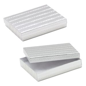 Box, paper, "cotton"-filled, silver, 6-1/8 x 5-1/8 x 1-1/8 inch rectangle. Sold per pkg of 10.