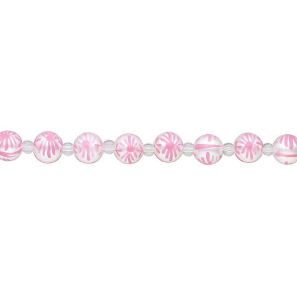 Bead, glass 1pkg8, opaque white and pink, 10mm hand-painted round. image number 1