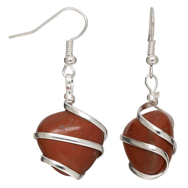Earring, red jasper (natural) and silver-plated copper, 43mm with small to medium nugget and fishhook ear wire, 22 gauge. Sold per pair. image number 0