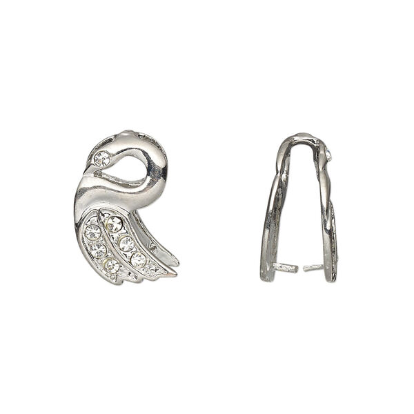 Bail, ice-pick, Egyptian glass rhinestone and imitation rhodium plate brass, clear, 17x10mm swan, 13mm grip length. Sold per pkg of 6. image number 0