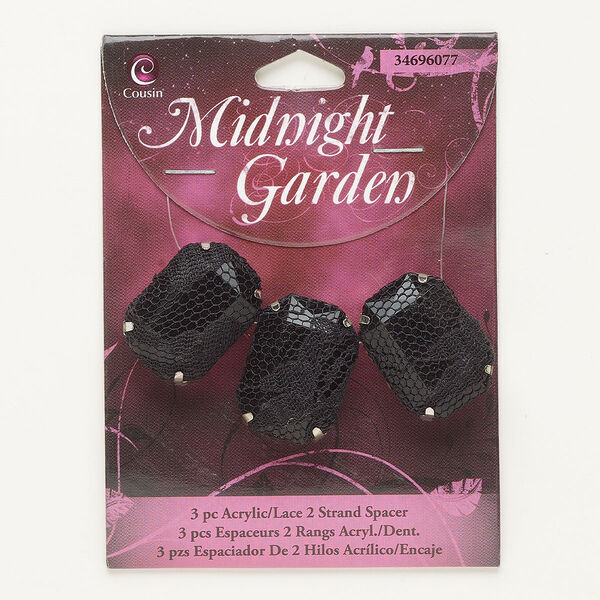 Bead, spacer, silver-finished steel / lace / acrylic, black, rectangle, fits up to 13.5mm beads. Sold per pkg of 3. image number 0