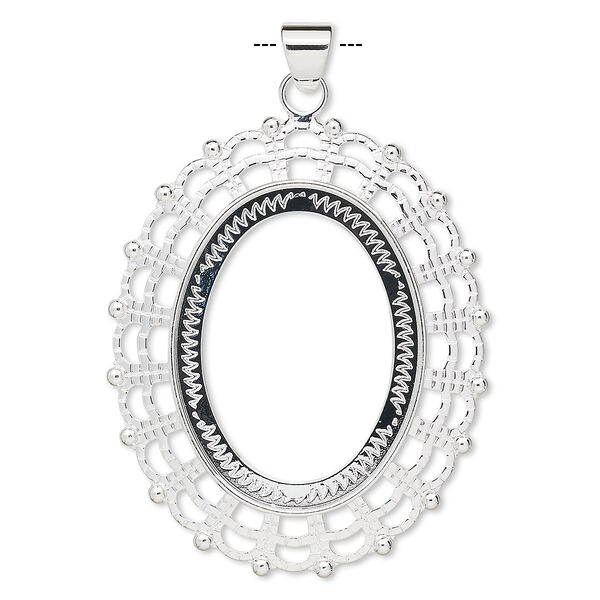 Pendant, silver-plated "pewter" (zinc-based alloy), 58x49mm fancy oval with 40x30mm oval setting. Sold per pkg of 2. image number 0
