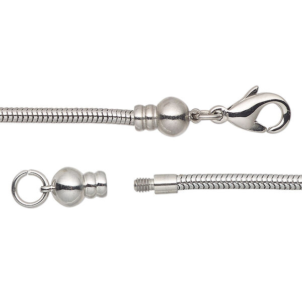 Dione® Easy-On Chain, stainless steel, 2.4mm snake, 7 inches with 3.2mm threaded ball end and lobster claw clasp. Sold individually. image number 0