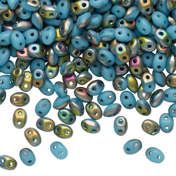 Bead, Preciosa Twin™, Pressed Twin, Czech pressed glass, matte turquoise blue vitrail, 5x2.5mm oval with 2 holes. Sold per 50-gram pkg. image number 0