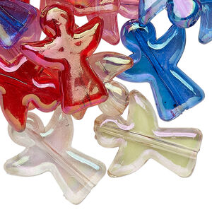 Bead, acrylic, assorted transparent colors AB, 23x19mm angel. Sold per pkg of 50.