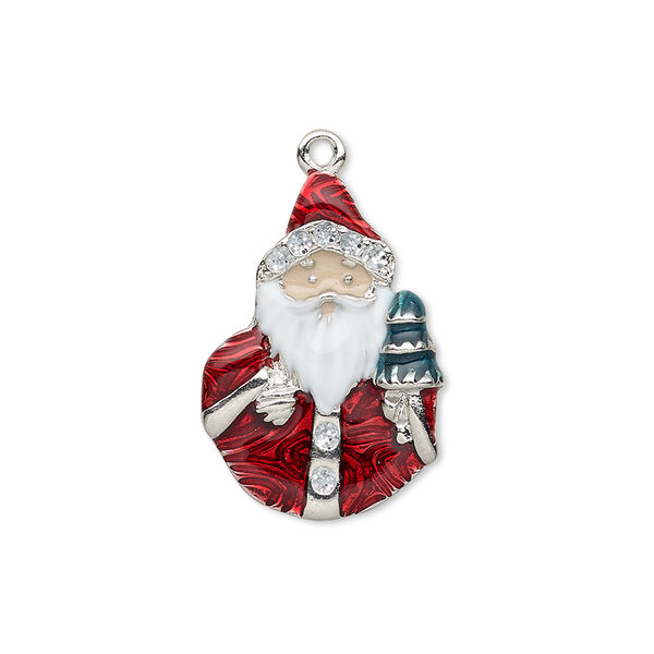 Charm, enamel and silver-plated "pewter" (zinc-based alloy), multicolored with glitter, 24x16mm single-sided Santa Claus with Christmas tree. Sold individually. image number 0