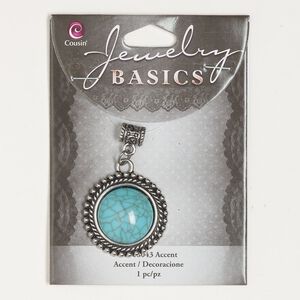 Pendant, antique silver-finished "pewter" (zinc-based alloy) and resin, turquoise blue, 30mm beaded round. Sold individually.